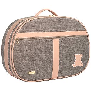 Mala Maternidade e Frasqueira Térmica Cinza Mescla c/ Ursinho Rose