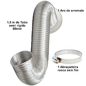 Tubo Semi Rígido em alumínio 80mm com 1,5m - com aro de arremate e abraçadeira