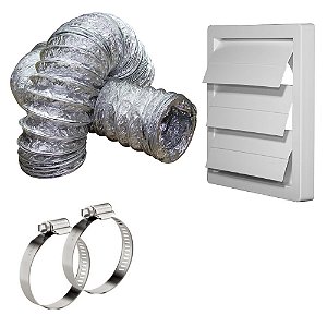 Kit Com 3 Itens para Instalação de Exaustor e Coifa 125 mm / 5 polegadas com grade de saída auto fechante + duto flexível + 2 abraçadeiras metálicas