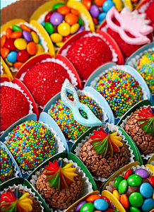 Caixa com brigadeiros de carnaval