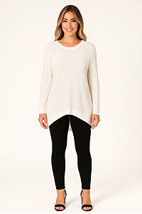 Blusa de Tricô Branca Feminina – Alongada, Manga Longa e Gola Redonda