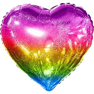 Balão Metalizado Decorado Coração Holog. Arco-íris 50cm. Un 775 Mundo Bizarro