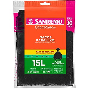 Saco Para Lixo 15l Preto Almofada Reforçado Pct.C/20 Sr3015 Sanremo