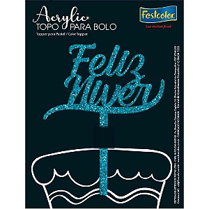 Topo De Bolo Feliz Niver Glitter Az Acrylic Un 108944 Festcolor