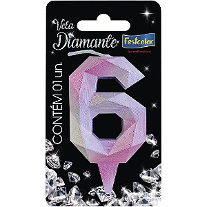 Vela Para Aniversario N.06 Diamante Rosa/Prateada Cx.C/10 108757 Festcolor