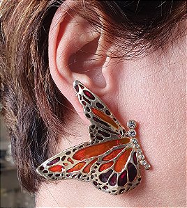 BRINCO BORBOLETA COLORIDA ESMALTADO COM ZIRCONIAS BANHADO A OURO 18K