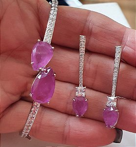 CONJUNTO BRACELETE E BRINCO FUCSIA FUSION BANHADA EM RODIO