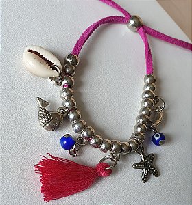 TORNOZELEIRA COM PINGENTES MAR NO COURO AZUL OU PINK - BIJUTERIA