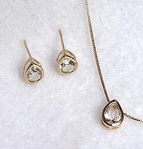 CONJUNTO COLAR E BRINCO GOTA COM ZIRCONIA CRISTAL BANHADO A OURO 18 K