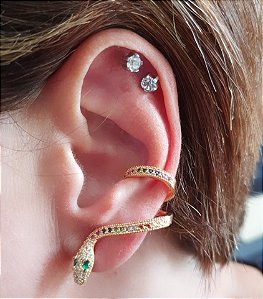 BRINCO EAR CUFF COBRA COM ZIRCONIAS COLORIDAS BANHADO A OURO 18 K