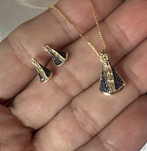 CONJUNTO COLAR E BRINCO NOSSA SENHORA APARECIDA BANHADO A OURO 18 K