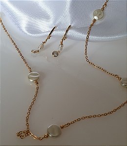 CONJUNTO COLAR E BRINCO ARGOLA COM PEROLAS  BANHADO A OURO 18 K