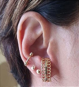 BRINCO EAR HOOK CORRENTE DUPLA BANHADO A OURO 18 K
