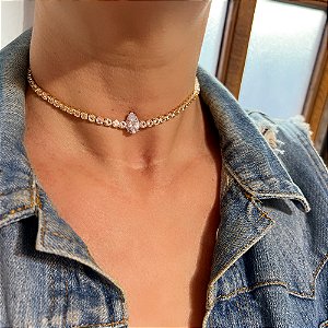 COLAR CHOKER RIVIERA AJUSTAVEL COM GOTA E ZIRCONIAS - BIJUTERIA