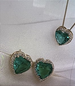 CONJUNTO COLAR E BRINCO CORAÇAO COM ZIRCONIAS VARIAS CORES BANHADO A OURO 18K