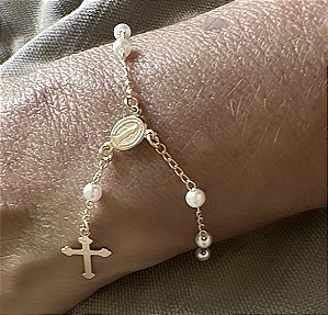 PULSEIRA TERÇO PEROLAS MINI BANHADO A OURO 18 K OU PRATA
