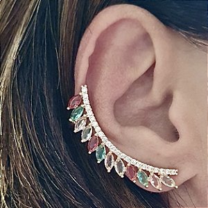 BRINCO EAR CUFF COM NAVETES COLORIDAS BANHADO A OURO 18 K