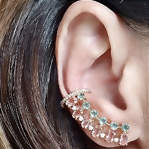 BRINCO EAR CUFF COM ZIRCONIAS DUPLAS COLORIDAS BANHADO A OURO 18 K