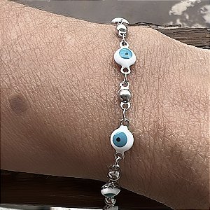 PULSEIRA OLHO GREGO BRANCO COM AZUL EM AÇO INOX