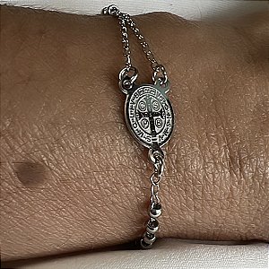 PULSEIRA TERÇO SAO BENTO EM AÇO INOX