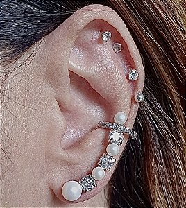 BRINCO EAR CUFF PEROLAS E ZIRCONIAS BANHADO A OURO OU PRATA