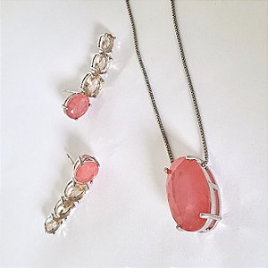 CONJUNTO COLAR E BRINCO EAR CUFF LIVING CORAL BANHADO A RODIO