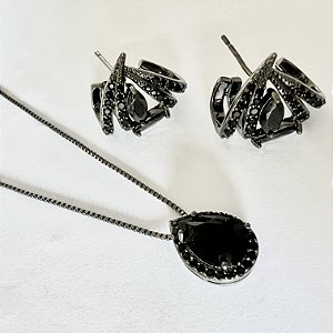 CONJUNTO COLAR E BRINCO COM ZIRCONIAS NEGRAS BANHADO A RODIO NEGRO