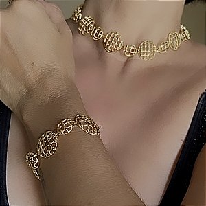 CONJUNTO COLAR  CHOKER E PULSEIRA TELINHA INSPIRED BANHADO A OURO 18K