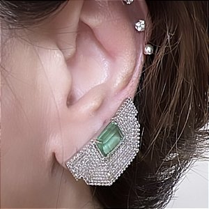 BRINCO  EAR CUFF COM ZIRCONIA VERDE BANHADO A RODIO