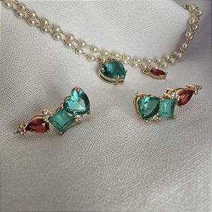 CONJUNTO BRINCO EAR CUFF E PULSEIRA PEROLA COM ZIRCONIAS COLORIDAS BANHADO A OURO 18 K