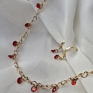 CONJUNTO COLAR E BRINCO ARGOLA CRISTAL VERMELHO BANHADO A OURO 18 K