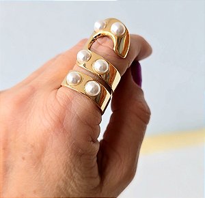 ANEL AJUSTAVEL PEROLAS SHELL BANHADO A OURO 18 K