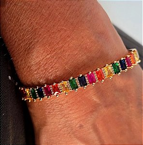 PULSEIRA BRACELETE BAGUETES COLORIDAS BANHADA A OURO 18 K