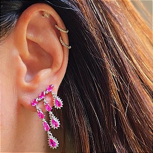 BRINCO EAR CUFF CASCATA COM ZIRCÔNIAS PINK EM PRATA 925