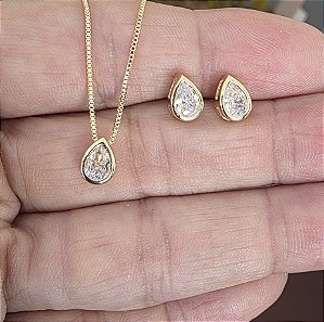 CONJUNTO COLAR E BRINCO GOTA COM ZIRCONIA CRISTAL BANHADO A OURO 18 K - P