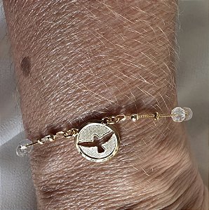 PULSEIRA CRISTAIS FURTACOR COM DIVINO ESPÍRITO SANTO BANHADA A OURO 18 K