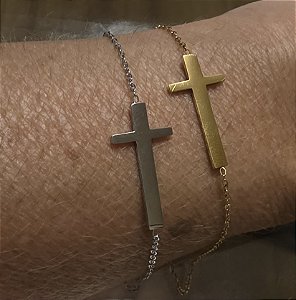 PULSEIRA CRUZ DOURADA OU PRATA EM AÇO INOX