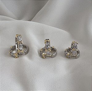 BRINCO TRIO ARGOLA INSPIRED X COM ZIRCONIAS CRISTAL BANHADO A RODIO E DETALHES EM OURO 18 K