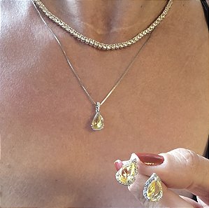 CONJUNTO COLAR E BRINCO GOTA CITRINO BANHADO A RODIO