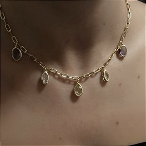 COLAR COM PINGENTES COLORIDOS BANHADO A OURO 18K