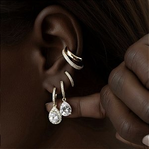 BRINCO TRIO ARGOLA CRAVEJADA COM PINGENTE GOTA BANHADO OURO 18 K - ARGOLINHA