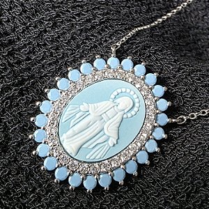 COLAR NOSSA SENHORA DAS GRACAS TURQUESA COM ZIRCONIAS BANHADO A RODIO