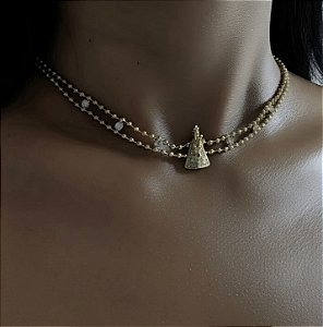 COLAR CHOKER NOSSA SENHORA CRAVEJADA COM ZIRCONIAS CRISTAL BANHADO A OURO 18K