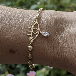 PULSEIRA OLHO GREGO COM PONTOS DE LUZ BANHADA A OURO 18 K
