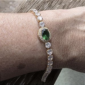PULSEIRA RIVIERA CRISTAL E PEDRA VERDE BANHADA A OURO 18K