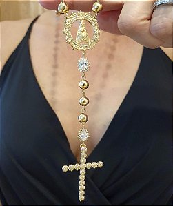 COLAR TERÇO NOSSA SENHORA APARECIDA COM ZIRCONIAS BANHADO A OURO 18 K