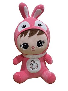 Boneca com roupa de coelho em plush grande rosa