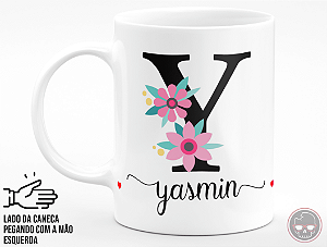 Caneca Letra "Y" Floral + Porta Caneca Grátis