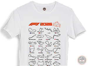 Camiseta Circuitos F1 2026 malha 100% ALGODÃO Fio 30.1 Penteado