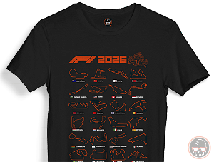 Camiseta Circuitos F1 2026 malha 100% ALGODÃO Fio 30.1 Penteado